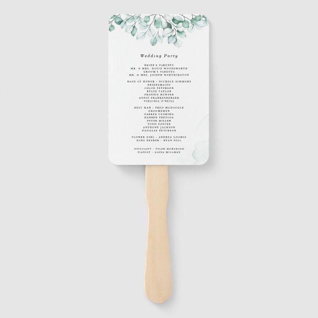 Grüne Eukalyptus-Hochzeitsprogramme Handfächer (Rückseite)