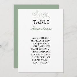 Grüne Eukalyptus-Hochzeitssitze der Tischnummer