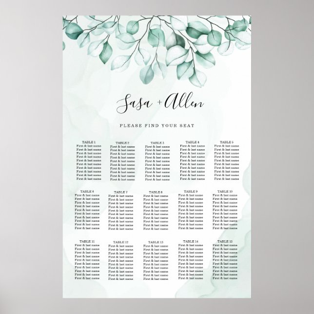 Grüne Eukalyptus-Hochzeitstabelle Poster (Vorne)