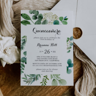 Grüne Eukalyptus Moderne Kalligrafie Quinceañera Einladung