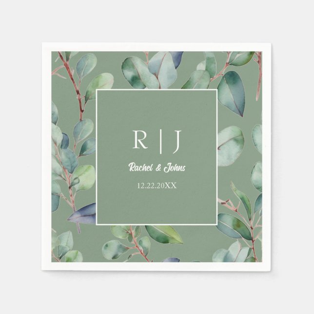 Grüne Eukalyptus Monogram Hochzeit Serviette (Vorderseite)