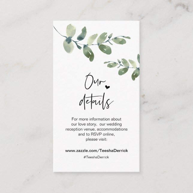 Grüne Eukalyptus, schwarz, Angaben zur Hochzeit Begleitkarte (Vorderseite)