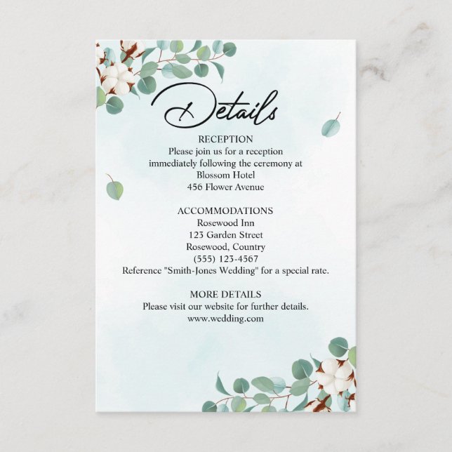Grüne Eukalyptus- und Cotton-Blume-Hochzeit Begleitkarte (Vorderseite)