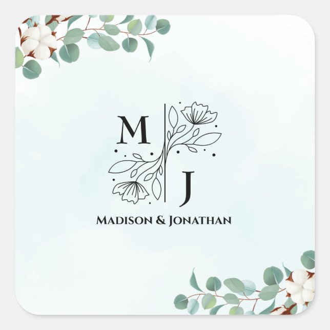 Grüne Eukalyptus- und Cotton-Blume-Hochzeit Quadratischer Aufkleber (Vorderseite)