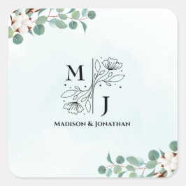 Grüne Eukalyptus- und Cotton-Blume-Hochzeit Quadratischer Aufkleber