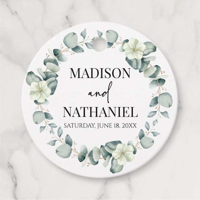 Grüne Eukalyptus Verlasse Grüne Botanische Hochzei Geschenkanhänger (Vorderseite)