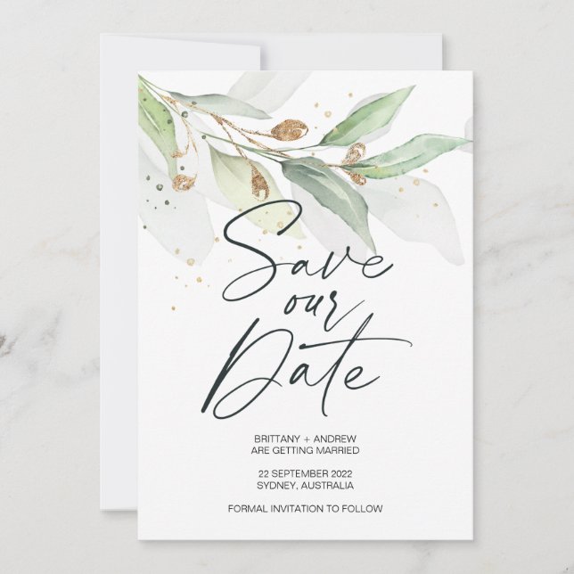 Grüne Eukalyptus Wedding Save the Date Invite Einladung (Vorderseite)