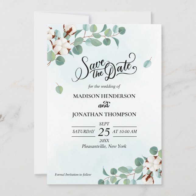 Grüne Eukalyptusblüte und BaumwollWedding retten d Einladung (Vorderseite)