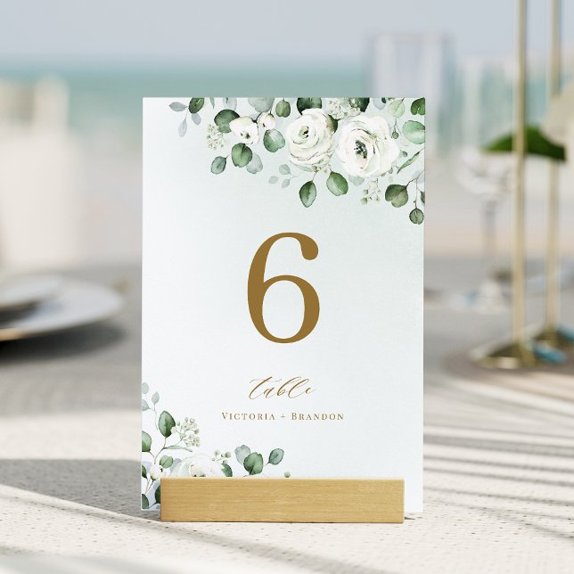 Grüne Eukalyptusblütenhochzeit Tischnummer (Green gold eucalyptus greenery floral wedding table number)