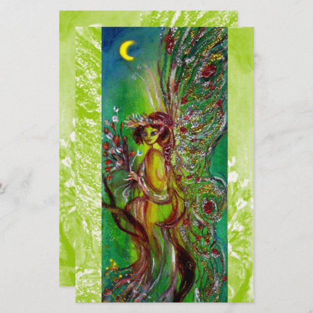 GRÜNE FAIRY HOLEN BLUME IN MOONLIGHT Fantasy Briefpapier (Vorne/Hinten)