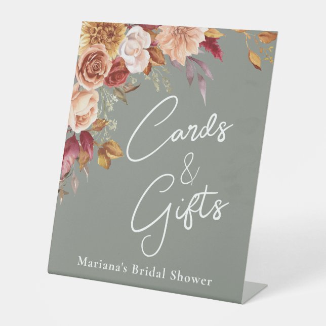 Grüne Fall Blumenkarten und Geschenke für Brautpar Sockelschild (Vorderseite)