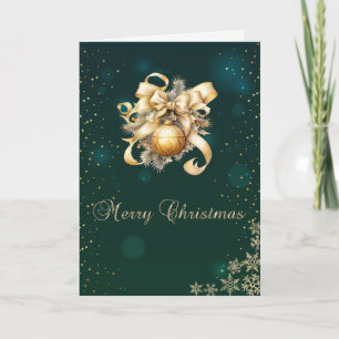 Grüne, falsche goldene Weihnachtskugeln, Schleifen Feiertagskarte