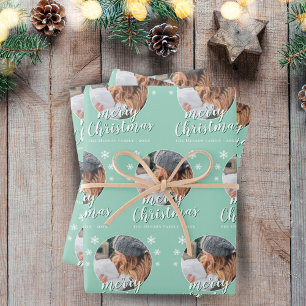 Grüne Familienfoto-Schneeflocke Frohe Weihnachten  Geschenkpapier Set