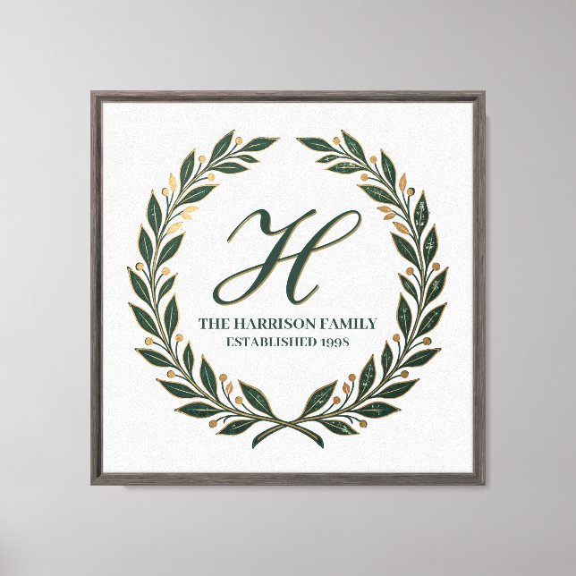 Grüne Familienmonogramm-Leinwand Laurel Script Ini Leinwanddruck (Vorderseite)