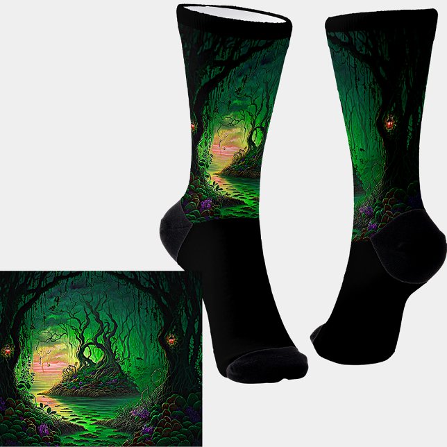 Grüne Fantasy Garden Szene auf schwarz Socken (Von Creator hochgeladen)