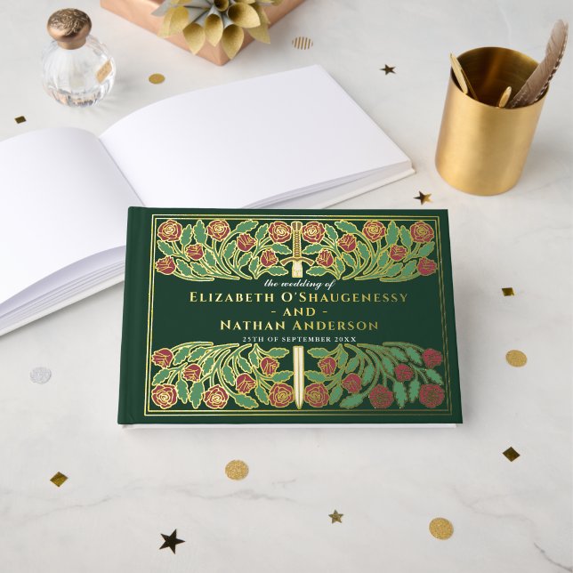 Grüne Fantasy Royal Mittelalterliche Blumen-Schwer Gästebuch (Vorderseite Offen)