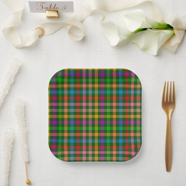 Grüne farbenfrohe Gingham-Karo-Muster  Pappteller (Hochzeit)