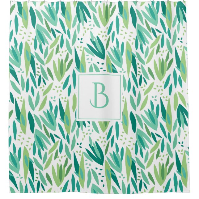 Grüne Farbtöne tropische Blattmuster Duschvorhang (Vorderseite)