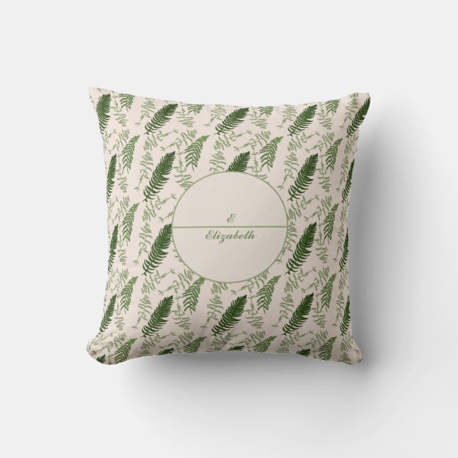 Grüne Farne Muster Monogramm und Name Throw Pillow Kissen (Vorderseite)