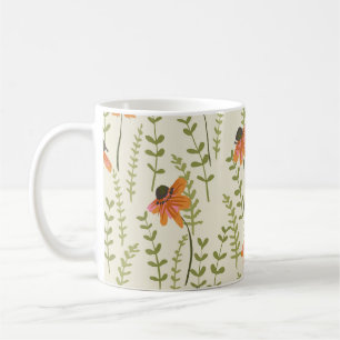 Grüne Farne, orangefarbene Blumen, Natur. Kaffeetasse