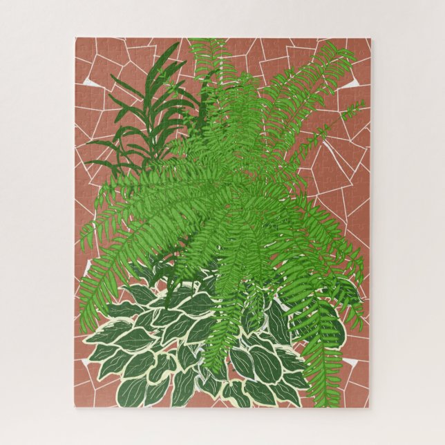 Grüne Farne und Hostas auf Terrakotta-Mosaik Puzzle (Vertikal)