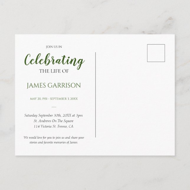 Grüne Feier mit Foto-Gedenkstätte Postkarte (Rückseite)