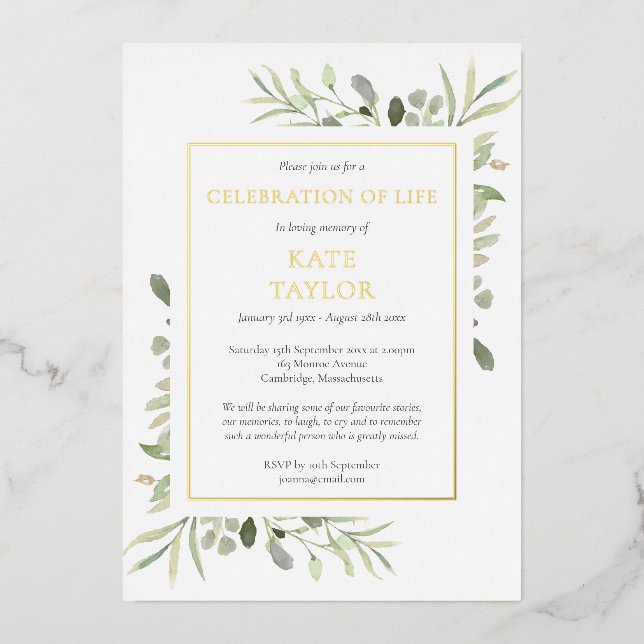 Grüne Feier zur Beerdigung des Lebens Gold Folieneinladung (Vorderseite)