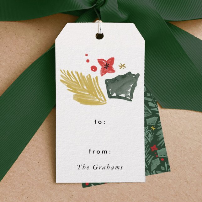 Grüne festliche Botanische Weihnachtsgeschenke Tag Geschenkanhänger (Festive botanical green golden watercolor Christmas gift tag.)