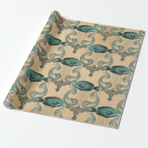Grüne Fische und Harfen auf Beige Geschenkpapier