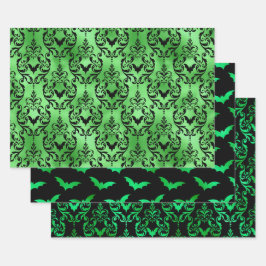 Grüne Fledermaus Halloween Damast Muster Geschenkpapier Set