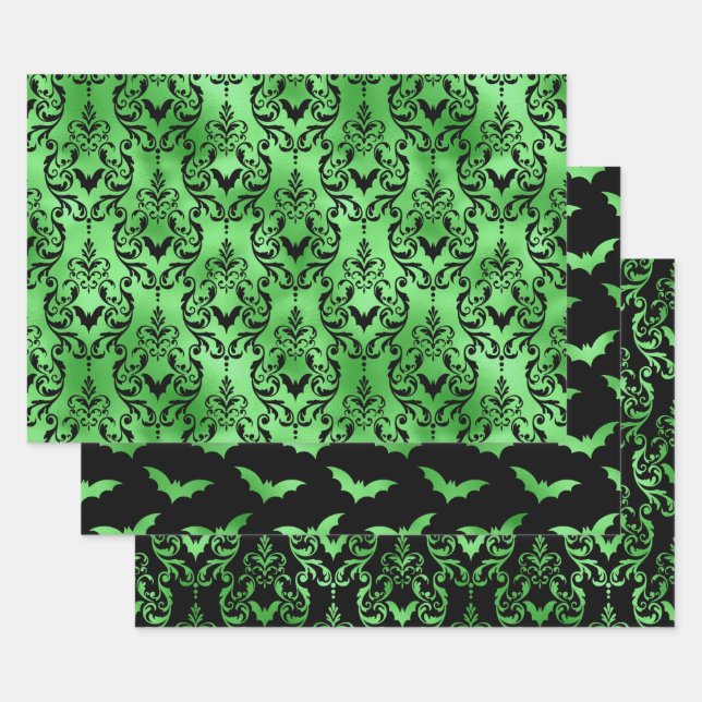 Grüne Fledermaus Halloween Damast Muster Geschenkpapier Set (Set)