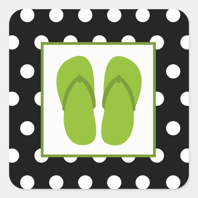 Grüne Flip Flops / Schwarz mit weißen Polka Punkte Quadratischer Aufkleber (Vorderseite)