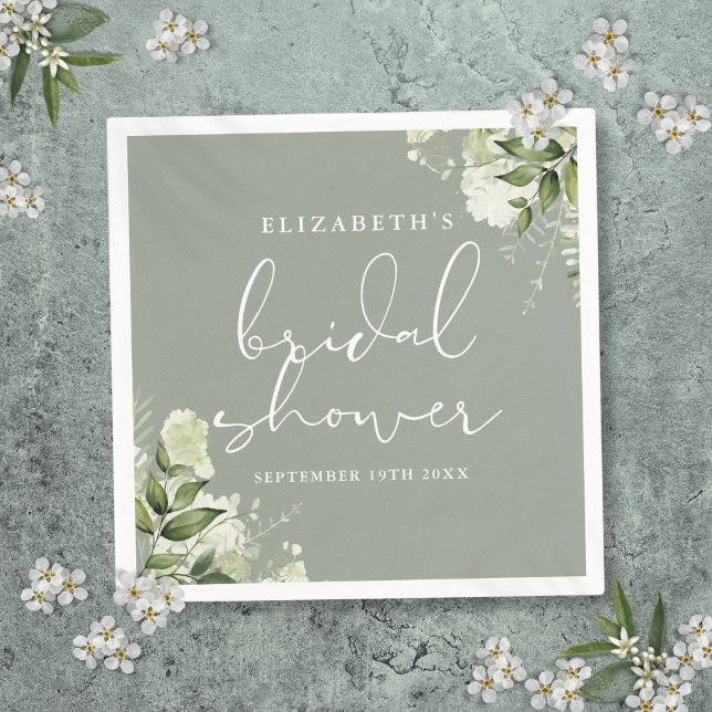 Grüne Flora Elegantes Brautparty Serviette (Greenery Floral Elegant Sage Green Bridal Shower Napkins)