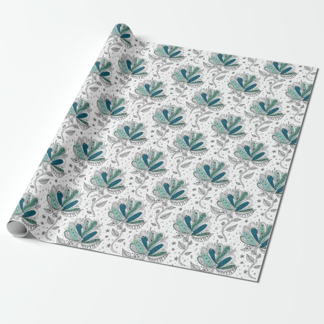 Grüne Florale Abstrakte Doodle-Kunst  Geschenkpapier (Ungerollt)