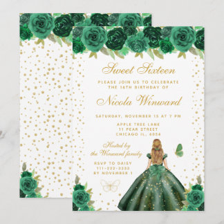 Grüne Florale Blondhaar-Prinzessin Sweet Sixteen Einladung