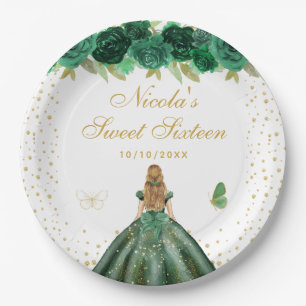 Grüne Florale Blondhaar Prinzessin Sweet Sixteen Pappteller