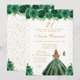 Grüne Florale Blondhaarige Prinzessin Geburtstagsf Einladung