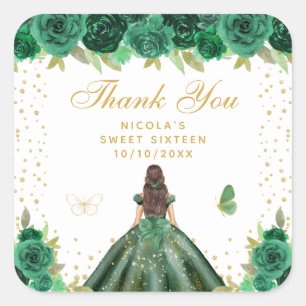 Grüne Florale Braunhaar-Haarprinzessin Sweet Sixte Quadratischer Aufkleber