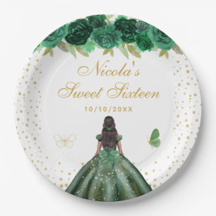 Grüne Florale Dunkle Haut Prinzessin Sweet Sixteen Pappteller