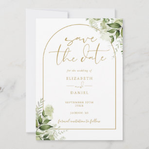 Grüne Florale Elegante Goldene Hochzeitsbogen-Foto Save The Date