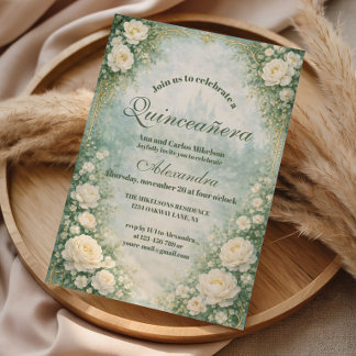 Grüne Florale Goldene Garten Quinceañera Einladung