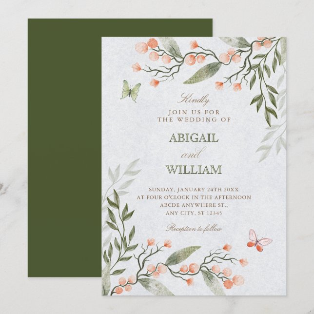 Grüne florale Hochzeit  Einladung (Vorne/Hinten)