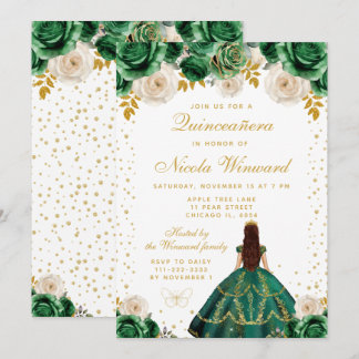 Grüne Florale Prinzessin Quinceañera Einladung