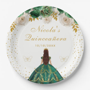 Grüne Florale Prinzessin Quinceañera Pappteller
