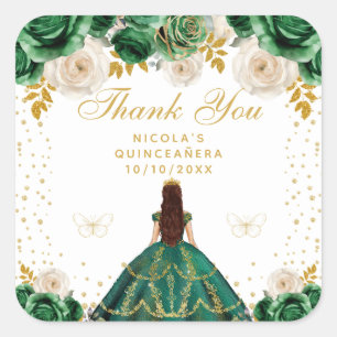 Grüne Florale Prinzessin Quinceañera Quadratischer Aufkleber