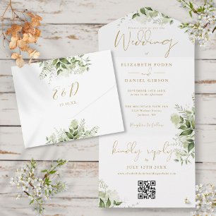 Grüne Florale QR-Code Gold Monogramm Hochzeit All In One Einladung