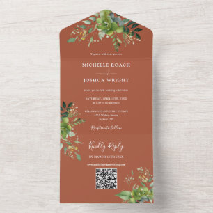Grüne Florale QR-Code Moderne Terrakotta Hochzeit All In One Einladung