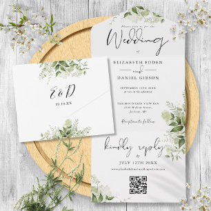 Grüne Florale QR-Code-Monogramm-Hochzeit All In One Einladung