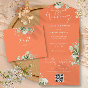 Grüne Florale QR-Code-Monogramm-Korallen-Hochzeit All In One Einladung