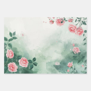 Grüne Florale Rosa Rosen Geschenkverpackungsblätte Geschenkpapier Set